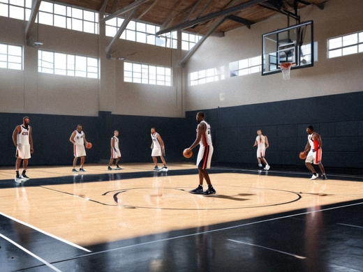 NBA球员在训练馆进行投篮与体能训练的场景