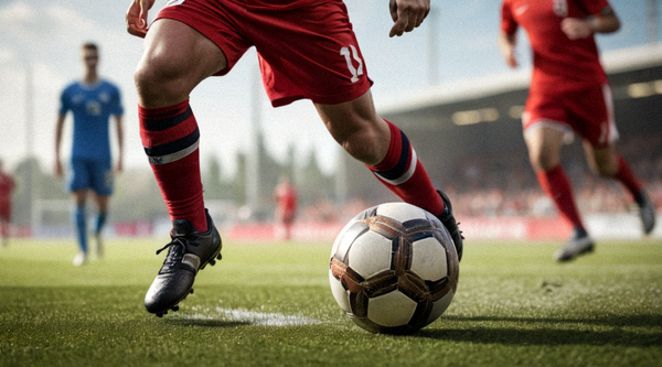 足球运动员在比赛中带球突破的近距离特写